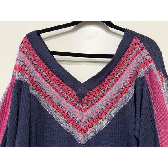 Free People Copenhagen Thermal waffle Long Sleeve Top Navy Double V Neck Size L - Picture 5 of 8